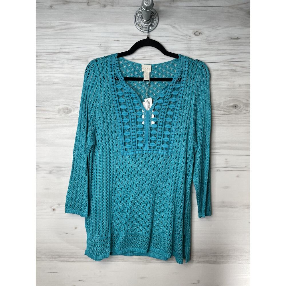 Chicos Womens XL Textured Jamie Pullover Turquoise Crochet V-Neck Sweater 3/4 SL